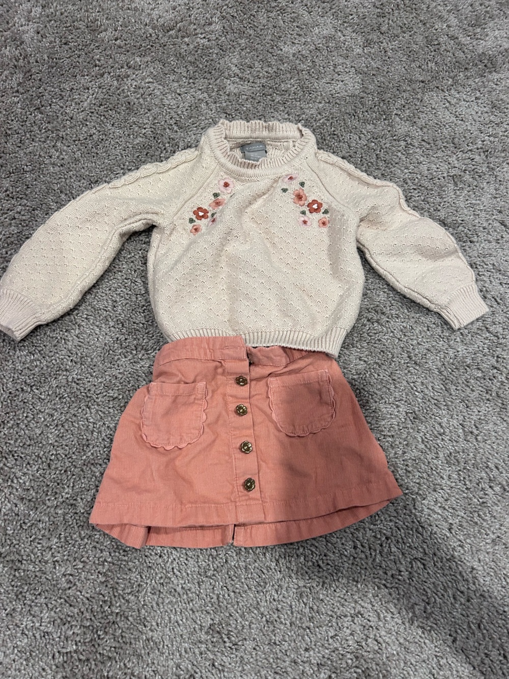 Tahari Cream Sweater with Pink Floral Accents and Coral Skirt Set